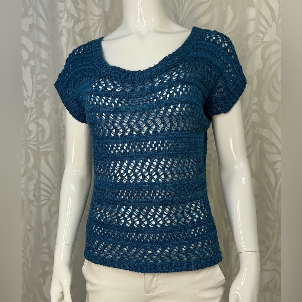 a.n.a Teal Blue Crochet Knit Scoop Neck Short Sleeve Sweater